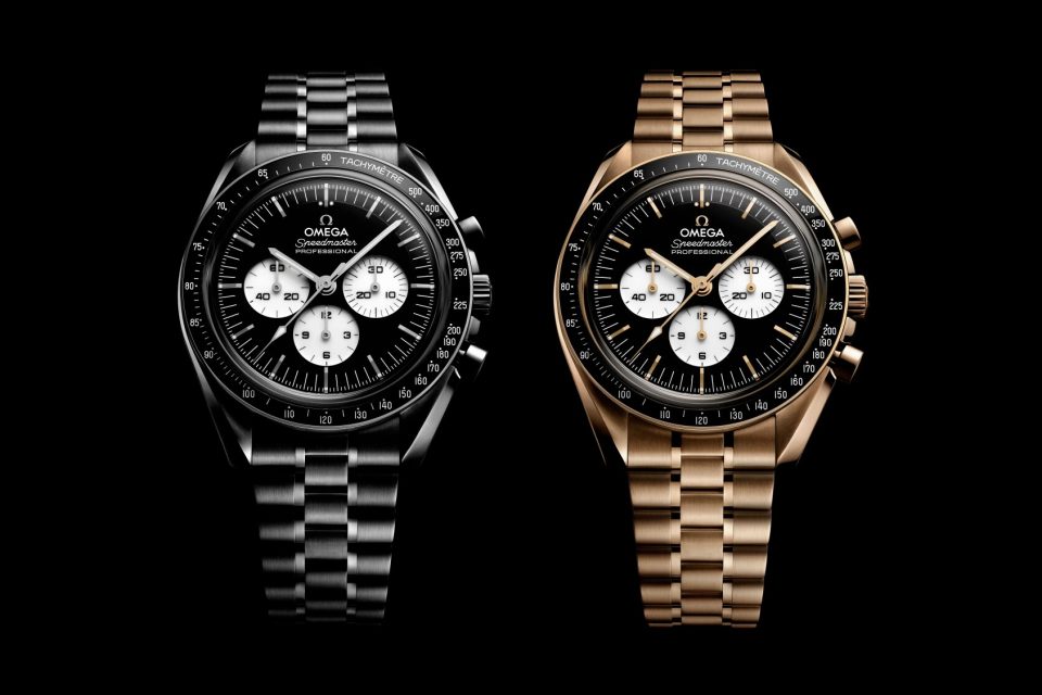 Omega Speedmaster Moonwatch models in stainless steel and Moonshine Gold with black-and-white dials