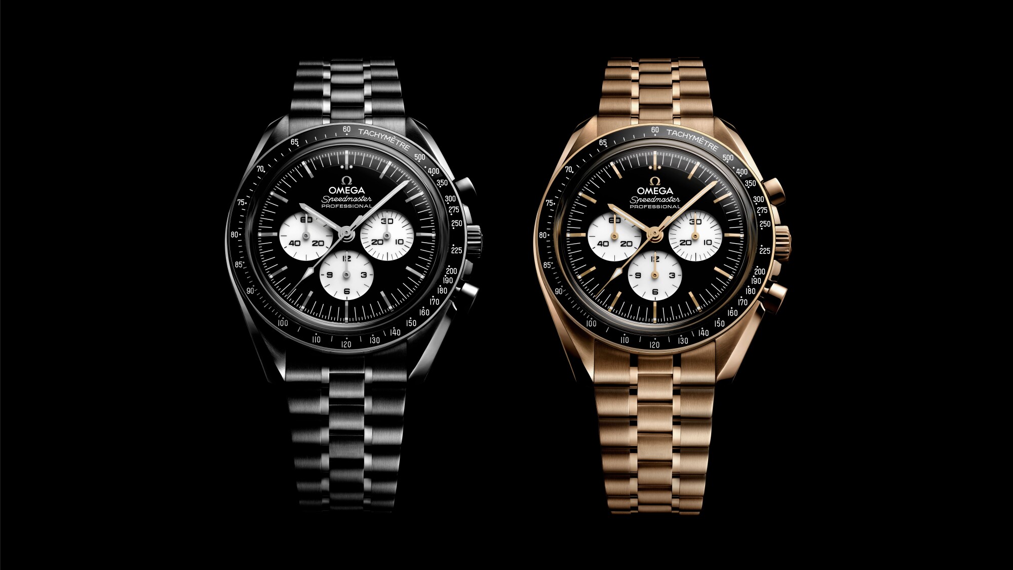 Omega Speedmaster Moonwatch models in stainless steel and Moonshine Gold with black-and-white dials