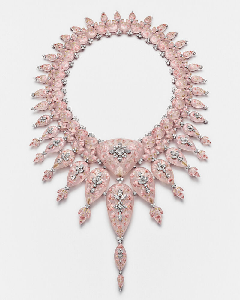 Model wearing the Rain necklace from Boucheron’s Human Being Carte Blanche high-jewellery collection