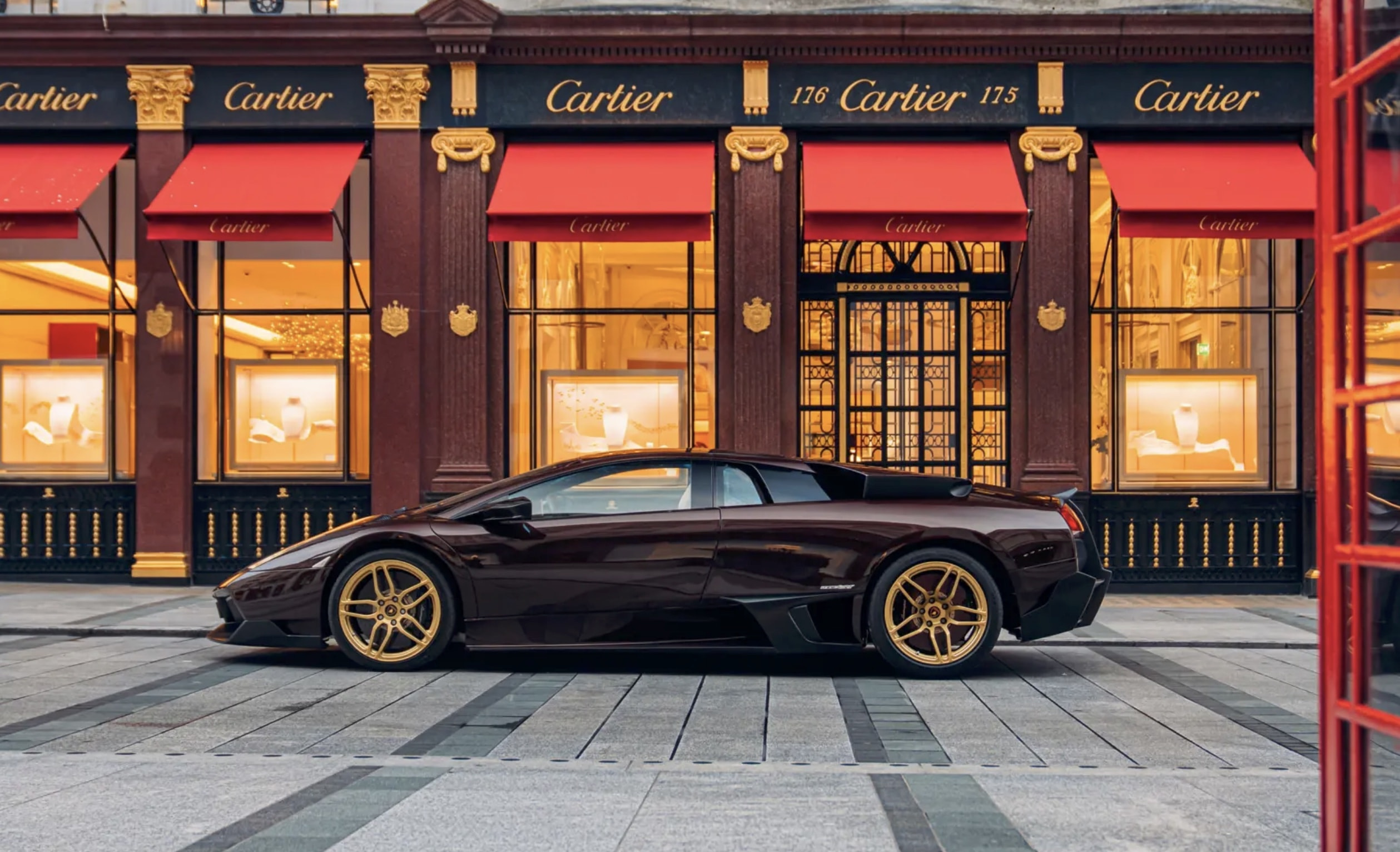 One-off Marrone Eklipsis Lamborghini Murciélago LP 670-4 SV shown in side profile on a London street.