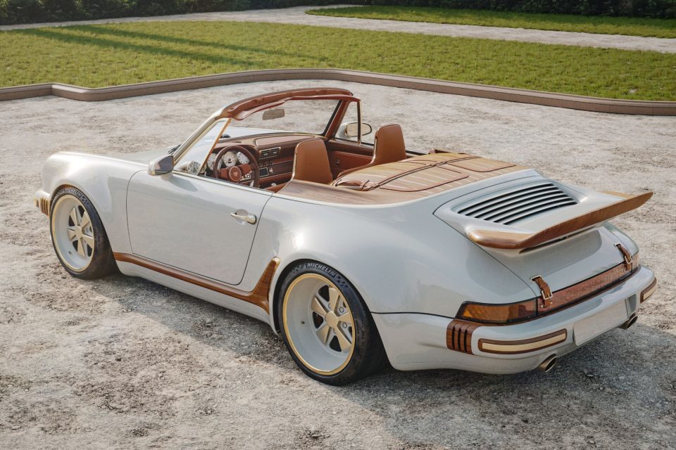 Calcaire Lutétien white Porsche 911 Reimagined by Singer Classic Turbo cabriolet with warm leather and precious wood detailing.