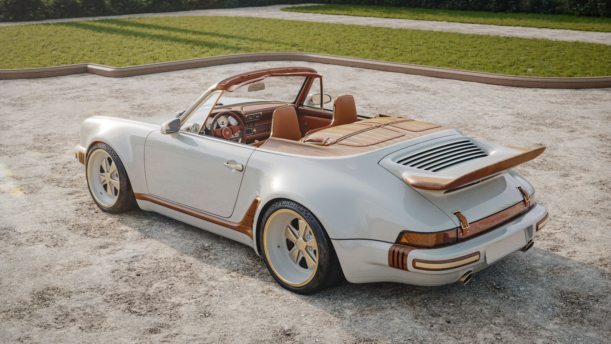 Calcaire Lutétien white Porsche 911 Reimagined by Singer Classic Turbo cabriolet with warm leather and precious wood detailing.