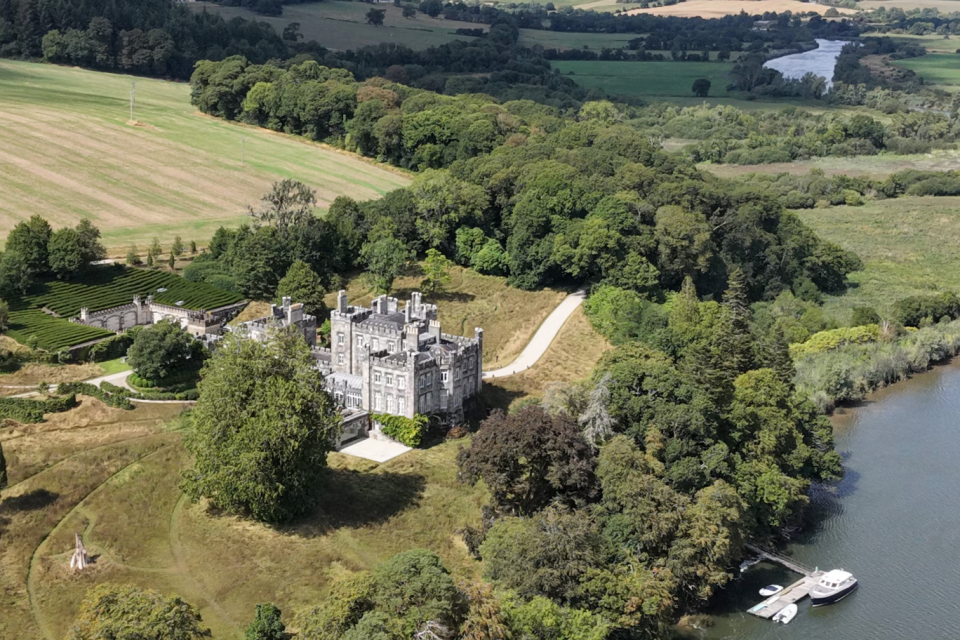 Aerial view of Strancally Castle and its surrounding 440 acre estate in County Waterford, Ireland.