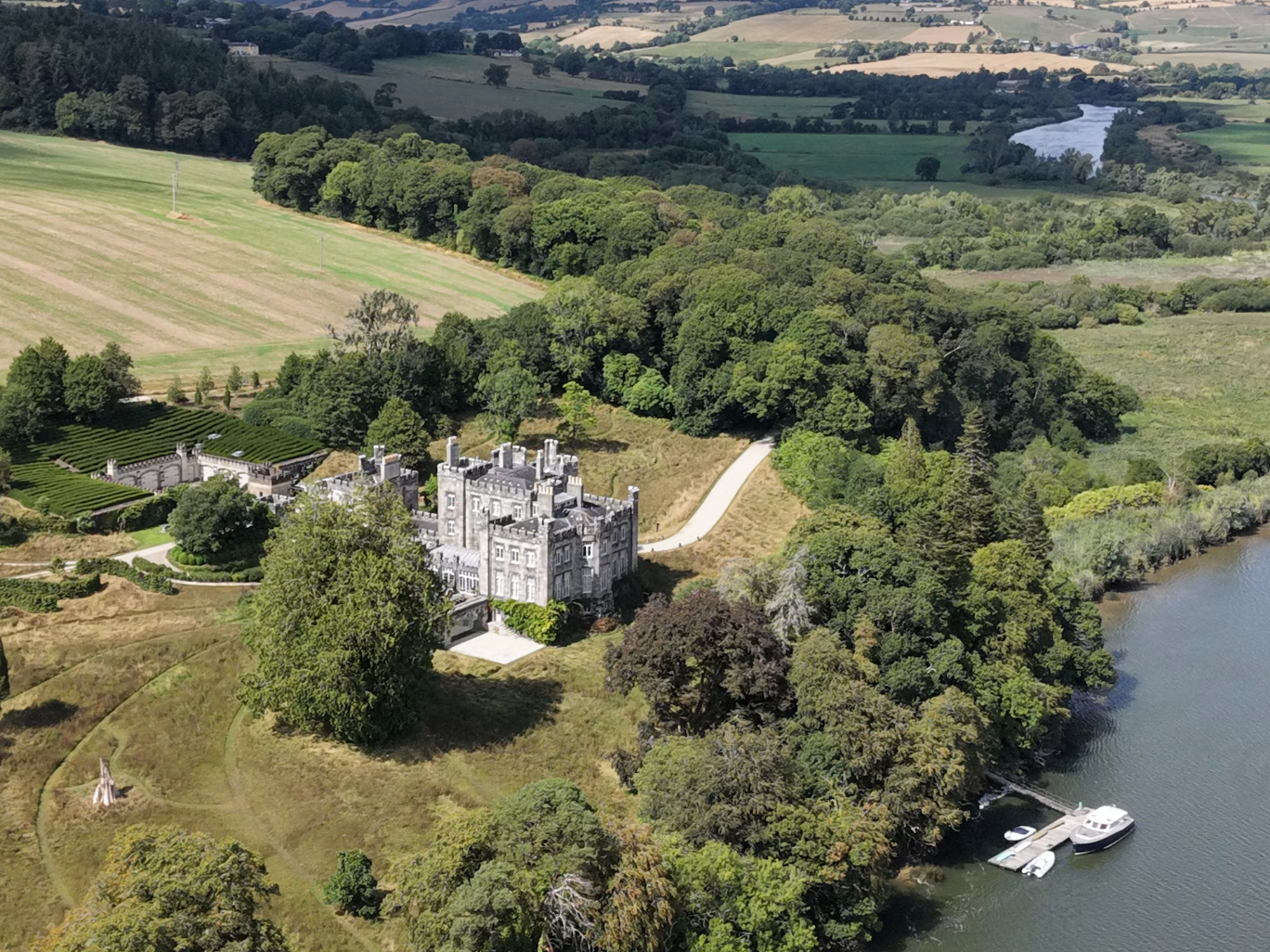 Aerial view of Strancally Castle and its surrounding 440 acre estate in County Waterford, Ireland.