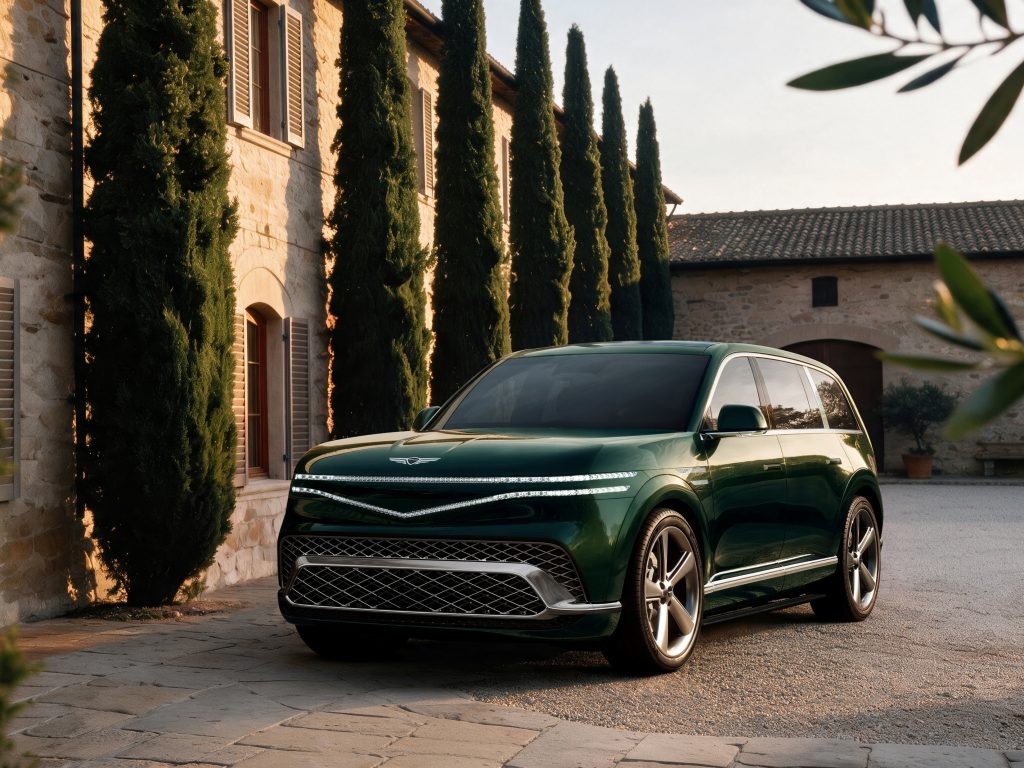 Green Genesis GV90 in a front three-quarter view outside a Mediterranean-style villa.