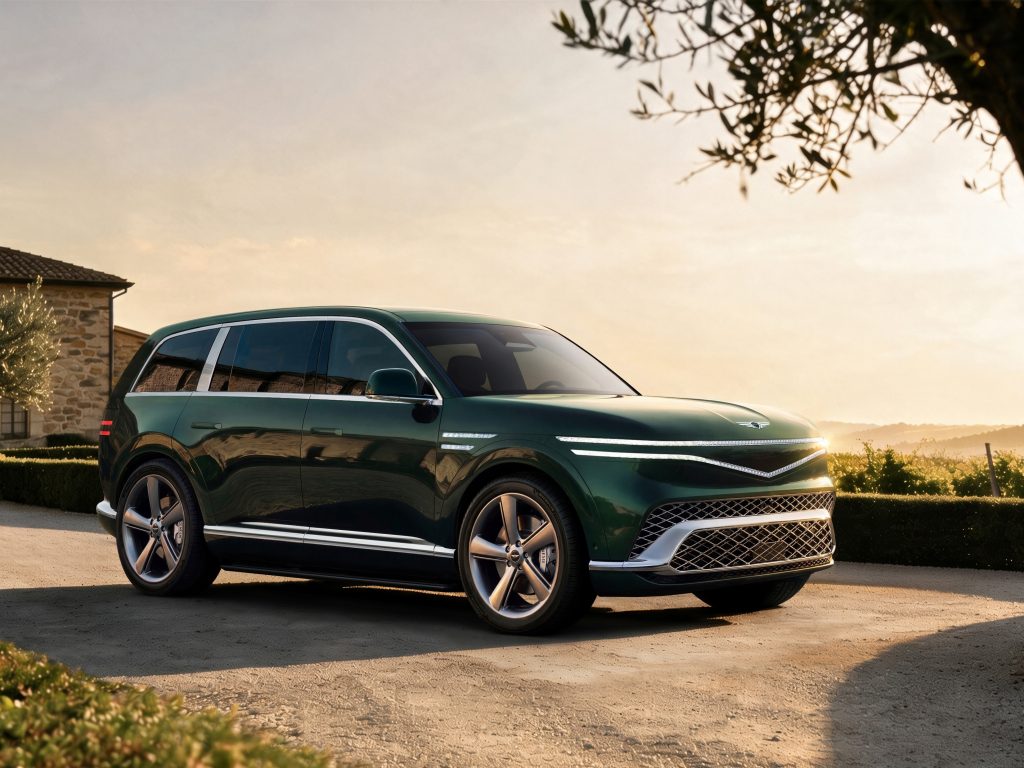 Full-frame exterior view of the green Genesis GV90 on a stone terrace at sunset.