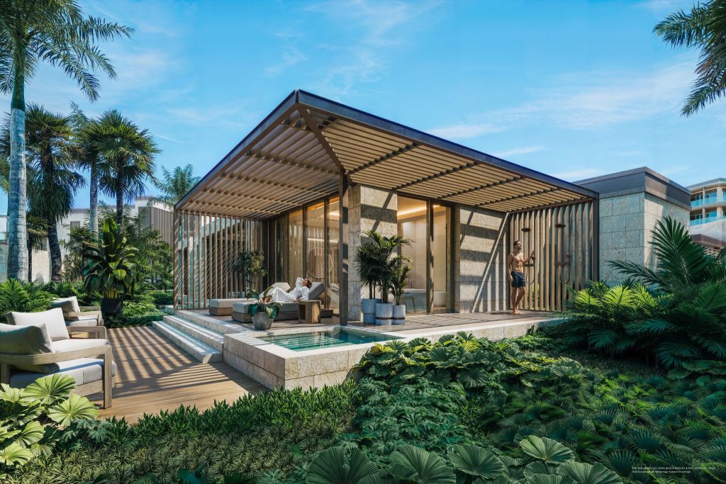 Contemporary private residence at Nikki Beach Residences Antigua surrounded by tropical landscaping, with shaded terrace and plunge pool.