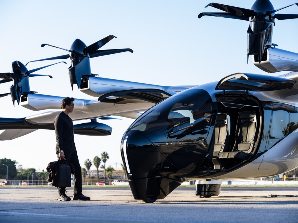 Passenger carrying a travel bag beside a black Archer Midnight electric vertical take-off and landing aircraft.