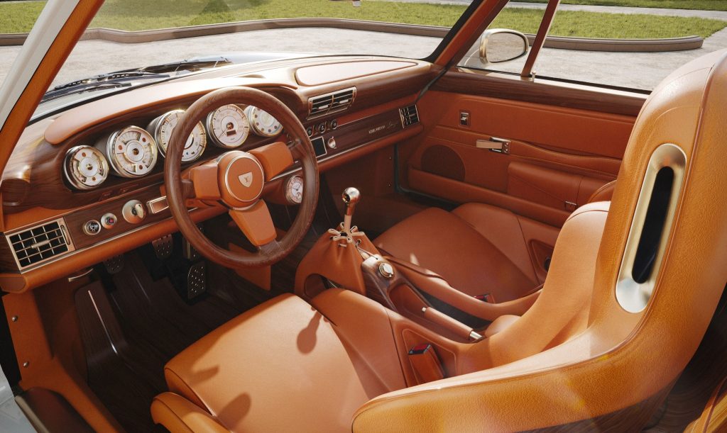 Interior of the Louis Vuitton and Singer Classic Turbo cabriolet with natural leather, wood dashboard trim and bespoke instrumentation.
