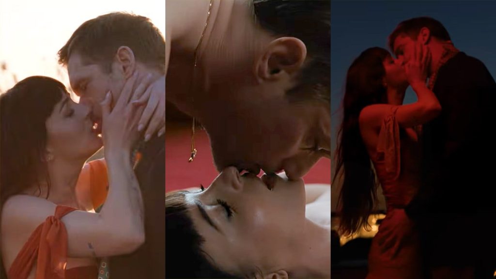Three cinematic Valentino Vendetta campaign scenes showing the couple embracing and kissing