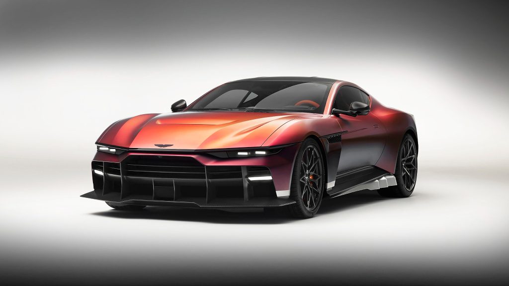 Opposite front three-quarter view of the Aston Martin Valen with its low nose, recessed lighting and muscular rear haunches.
