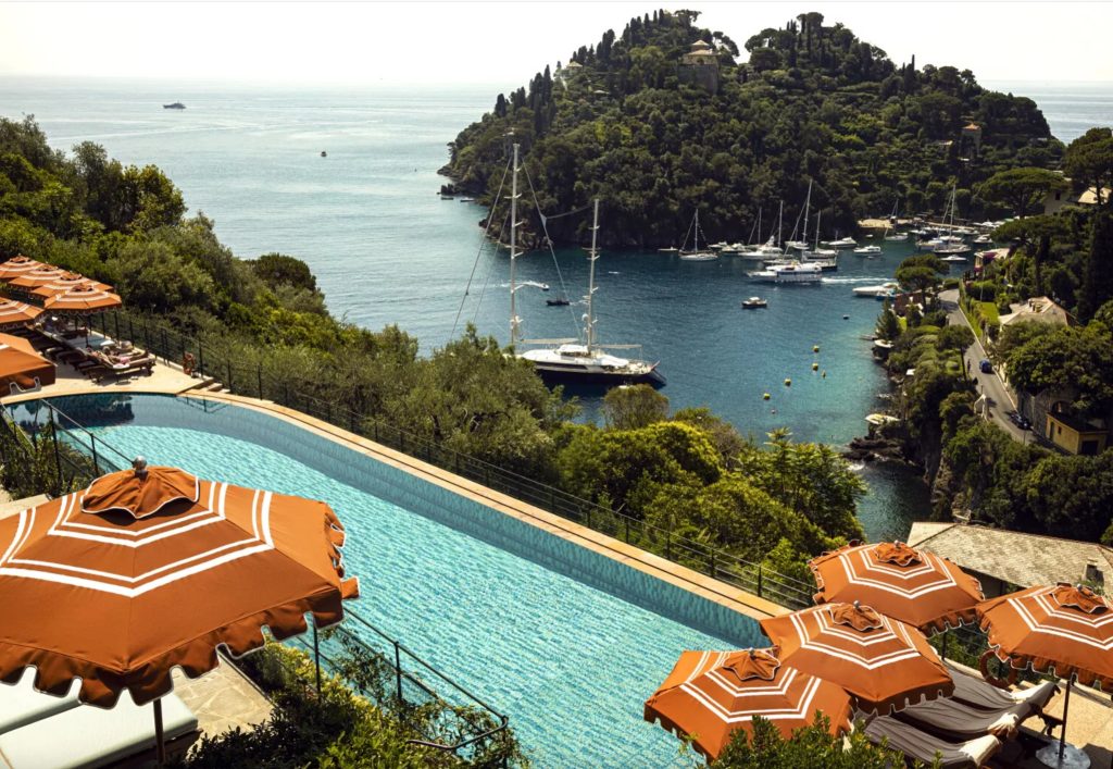 Pool terrace at Splendido overlooking Portofino Bay and the Ligurian coast.