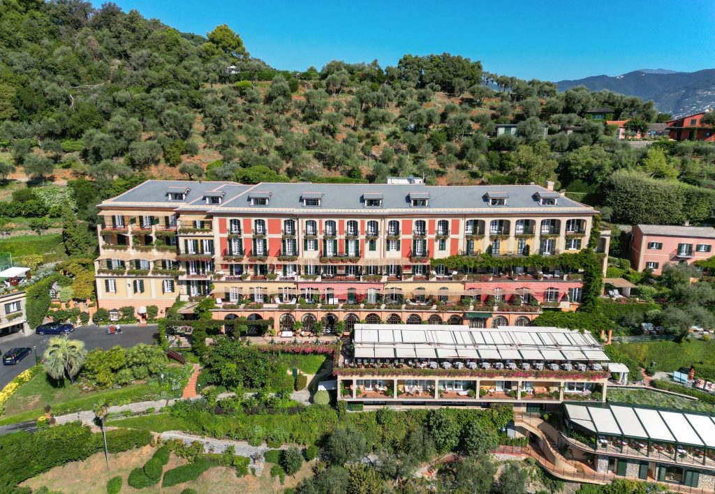 Aerial view of Splendido, A Belmond Hotel, Portofino and its terraced gardens.