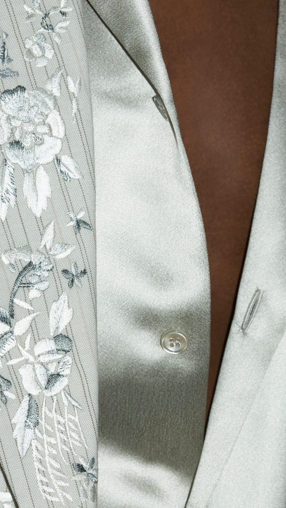 McQueen’s Look 20: Tailored Rebellion in Striped Wool and Ethereal Embroidery
