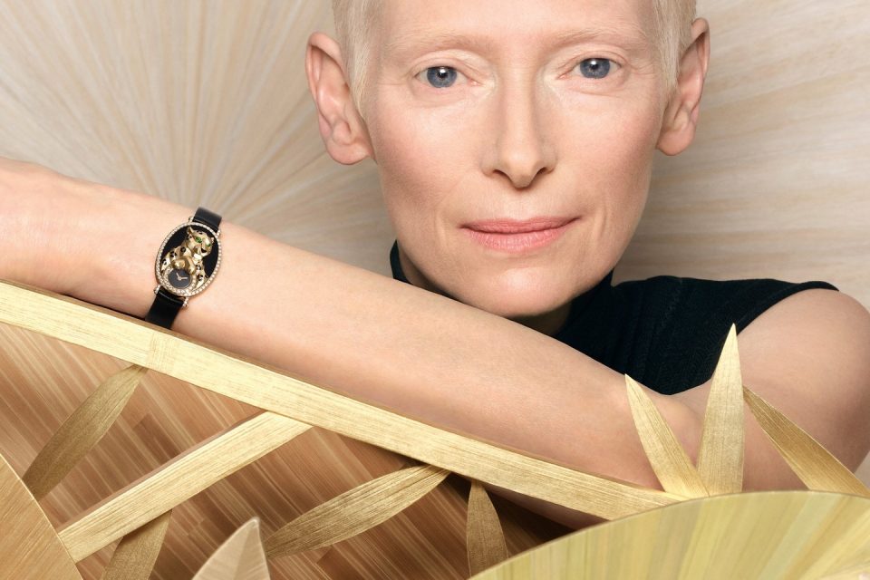 Tilda Swinton wearing the sculptural Cartier Panthère jewellery watch from the Into the Wild chapter.
