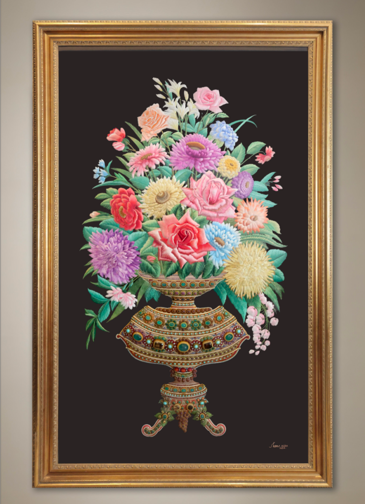 The Vase by Sheikh Shams Uddin of Agra, showing the complete floral composition and jewelled vessel.
