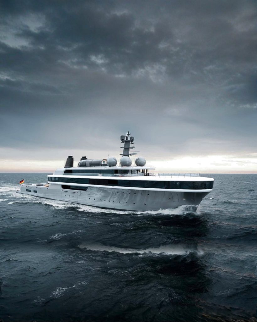 Portrait view of the 114.2-metre NAUSICAÄ cruising beneath a dramatic sky.