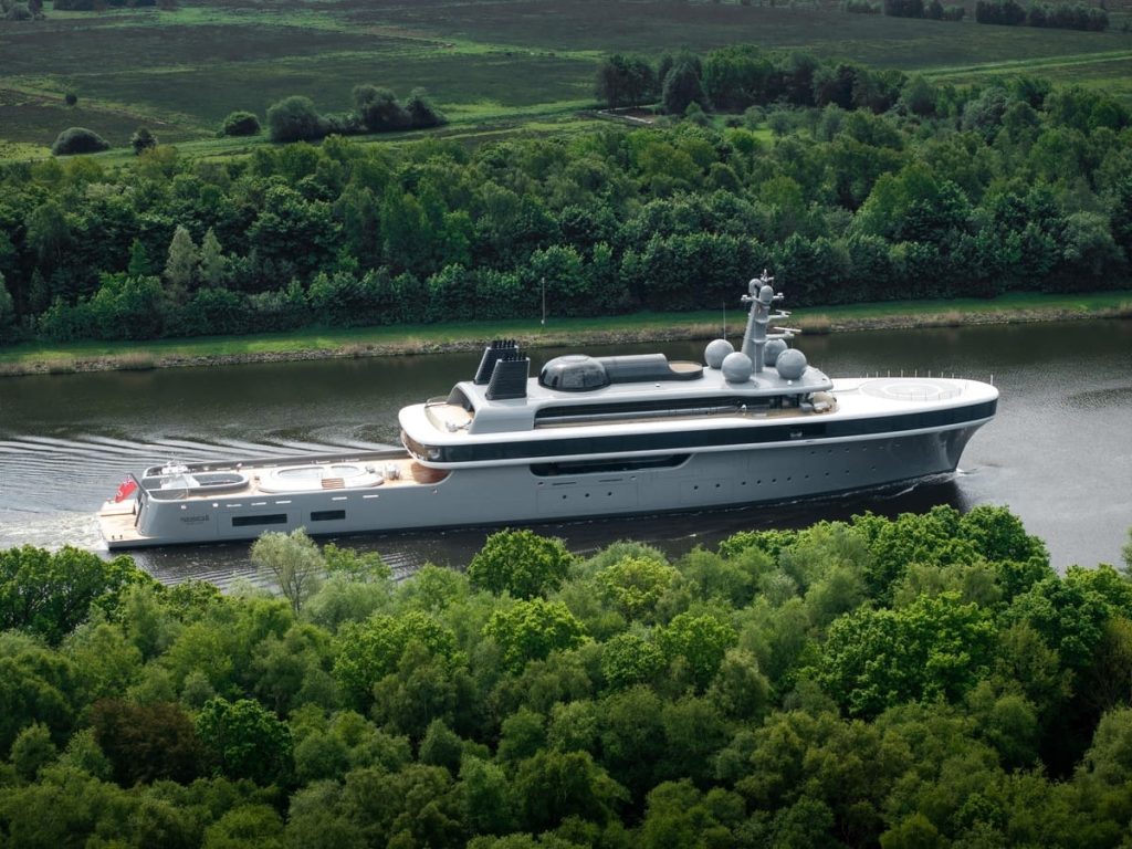 Aerial view of NAUSICAÄ under way, showing the bow helipad, Skydome and sculptural profile.