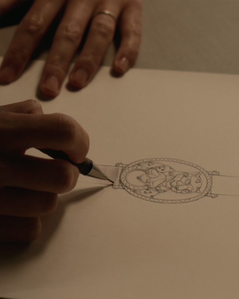The gem-set bezel and lugs of the Cartier Panthère jewellery watch.