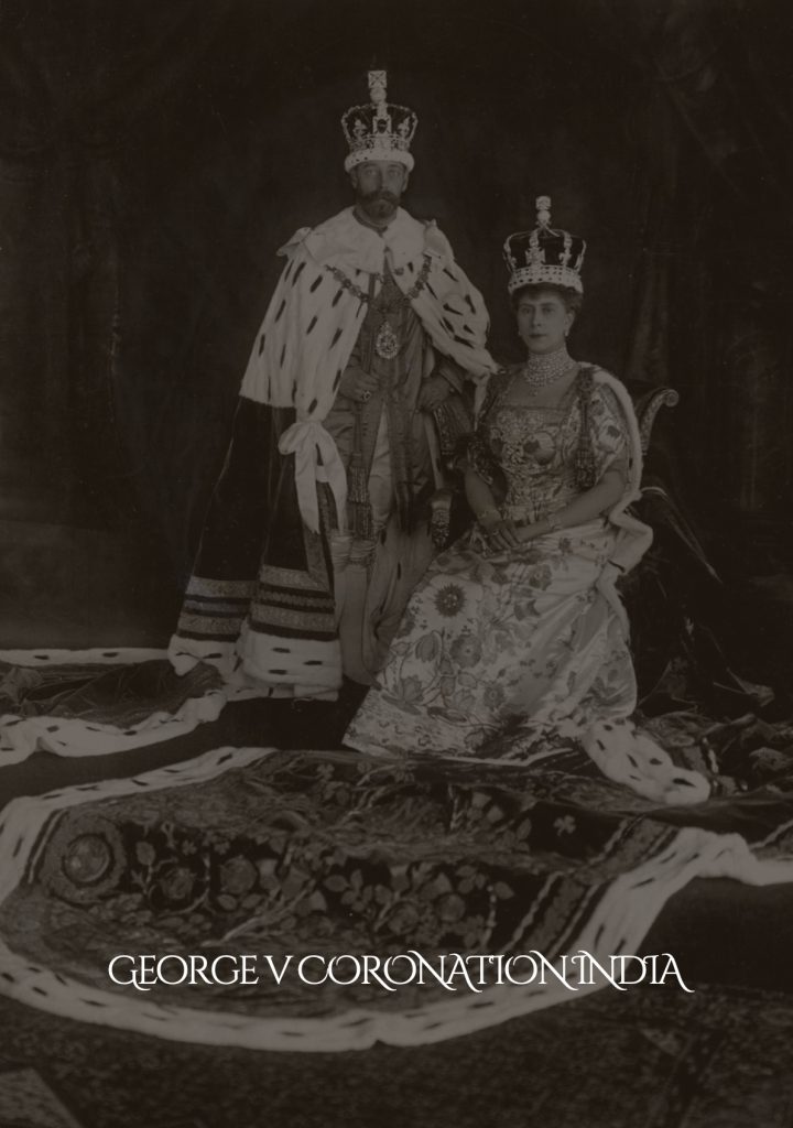 King George V in ceremonial dress, accompanying the history of the family’s royal embroidery.