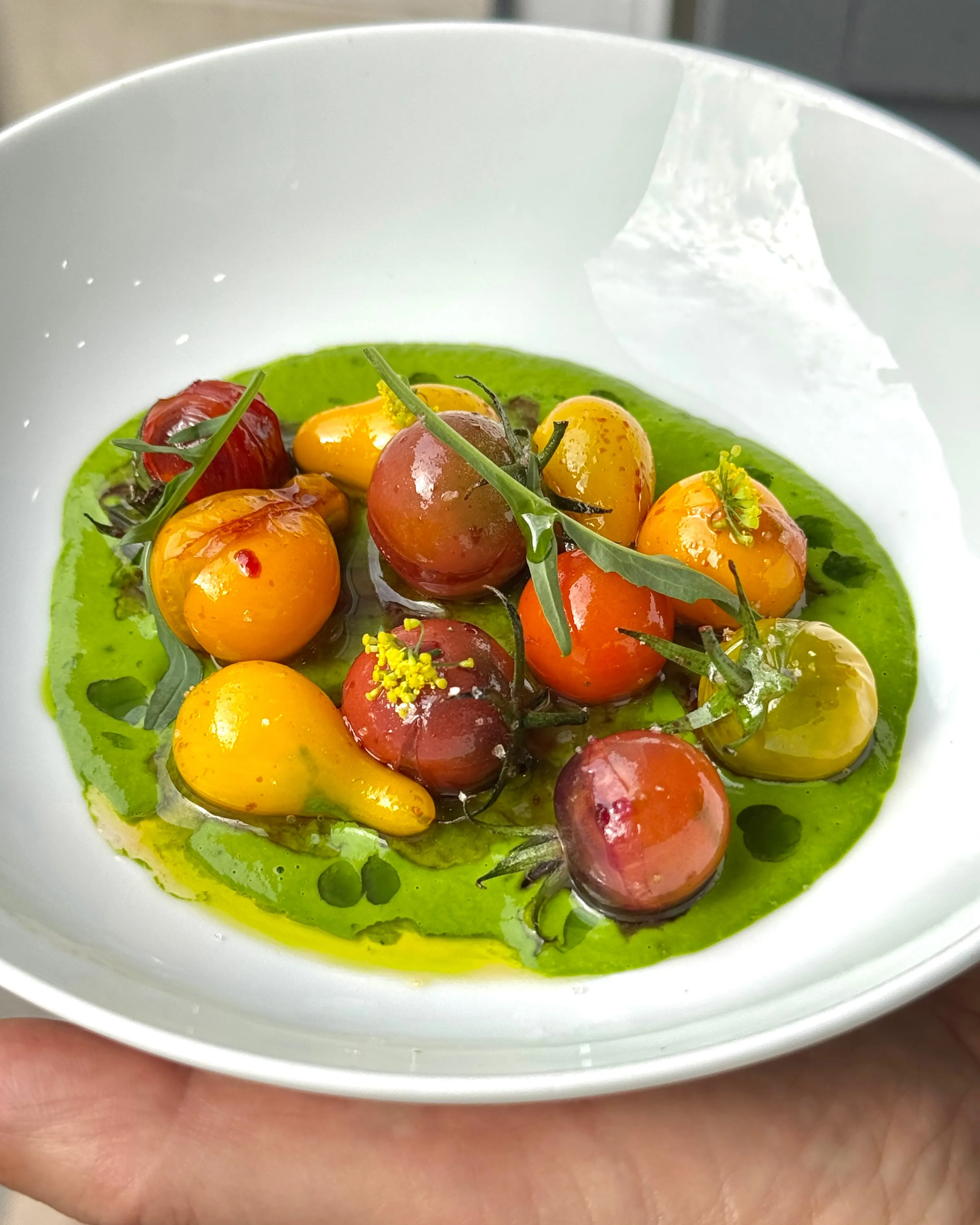 Close-up detail of heirloom and specialty tomatoes in jewelled tones, highlighting texture and individual character of each fruit
