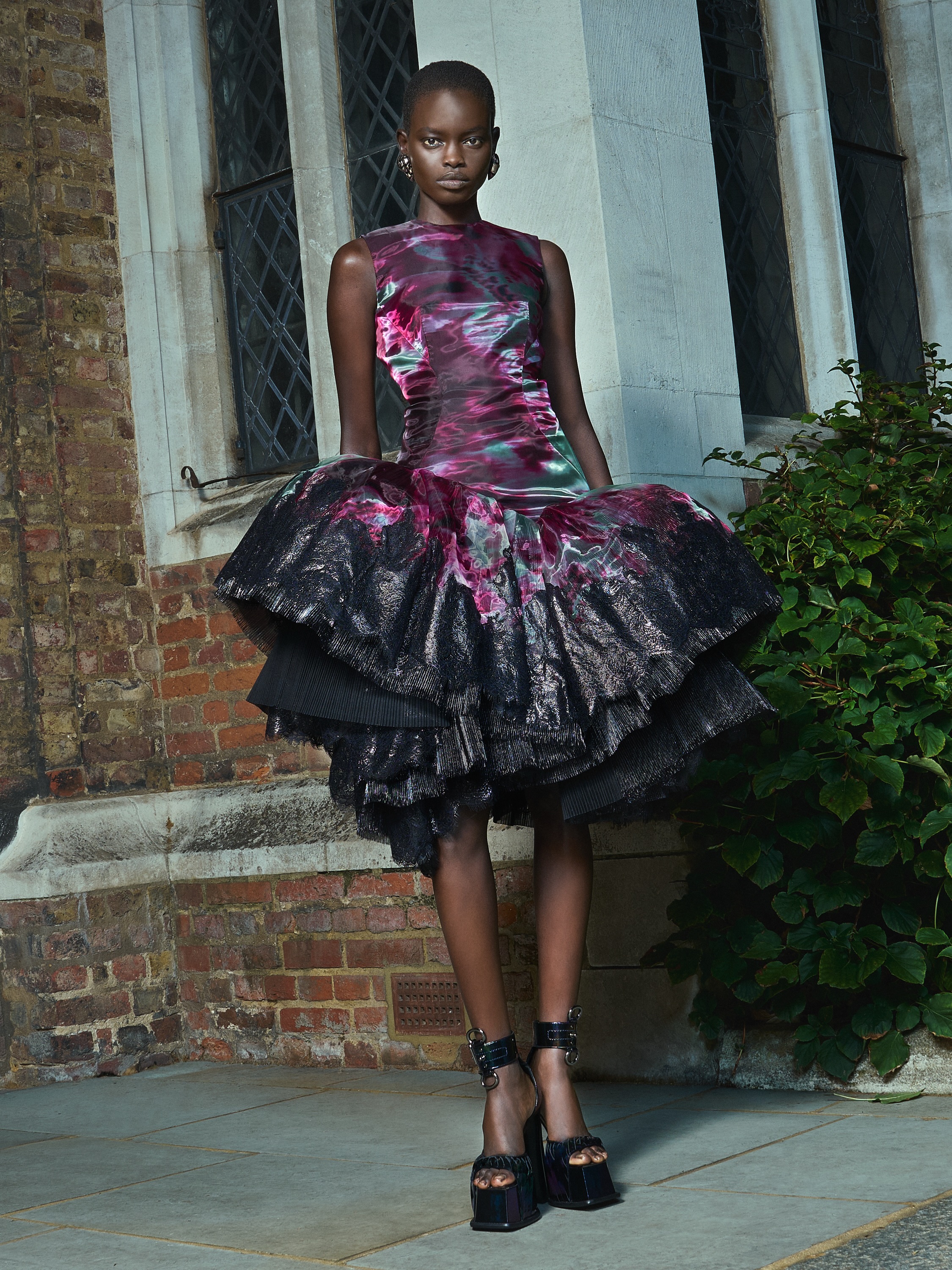 High-shine glass organza dress with acid floral print and lacquered lace trim, Alexander McQueen Look 43