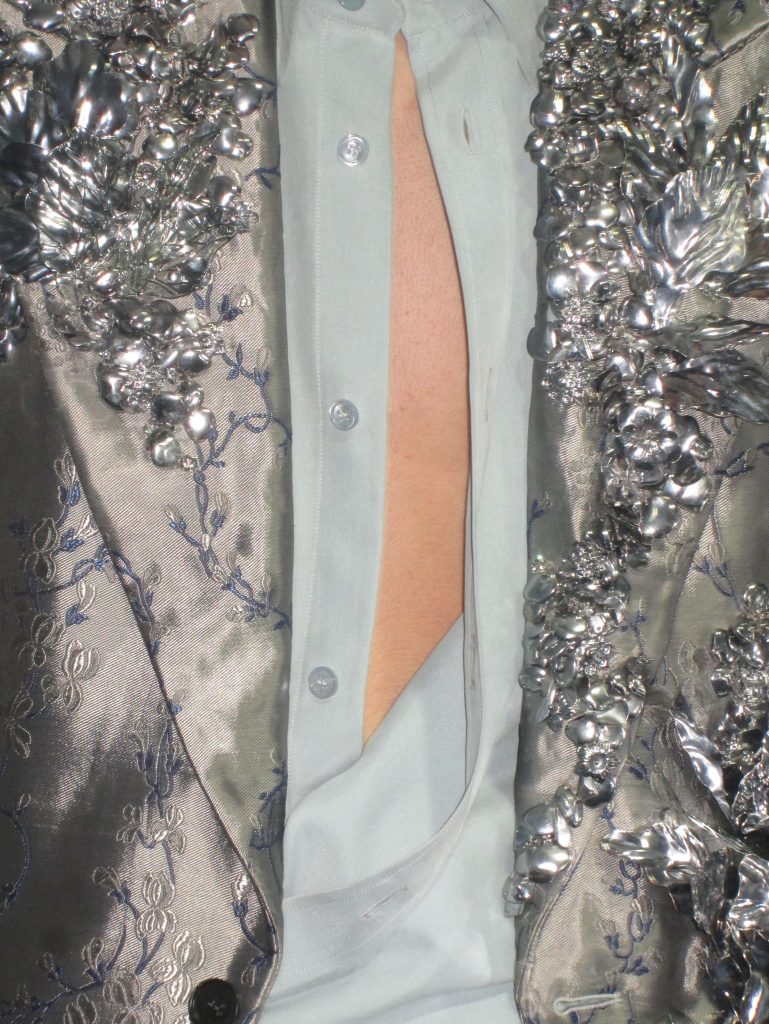 Full length look featuring lustrous jacquard with laser cut embellishments