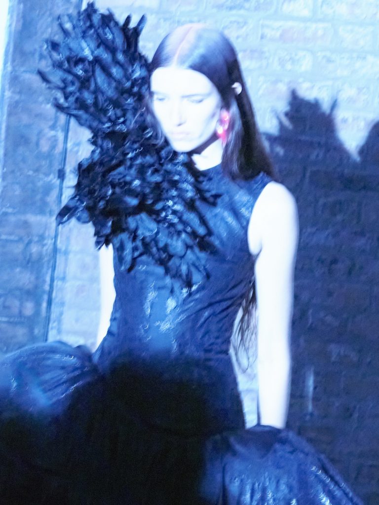 Model wearing complete look with feather embellishment and lace composition