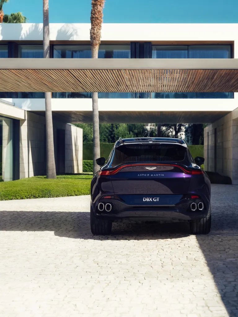 Rear angle view of DBX GT demonstrating confident, poised automotive design