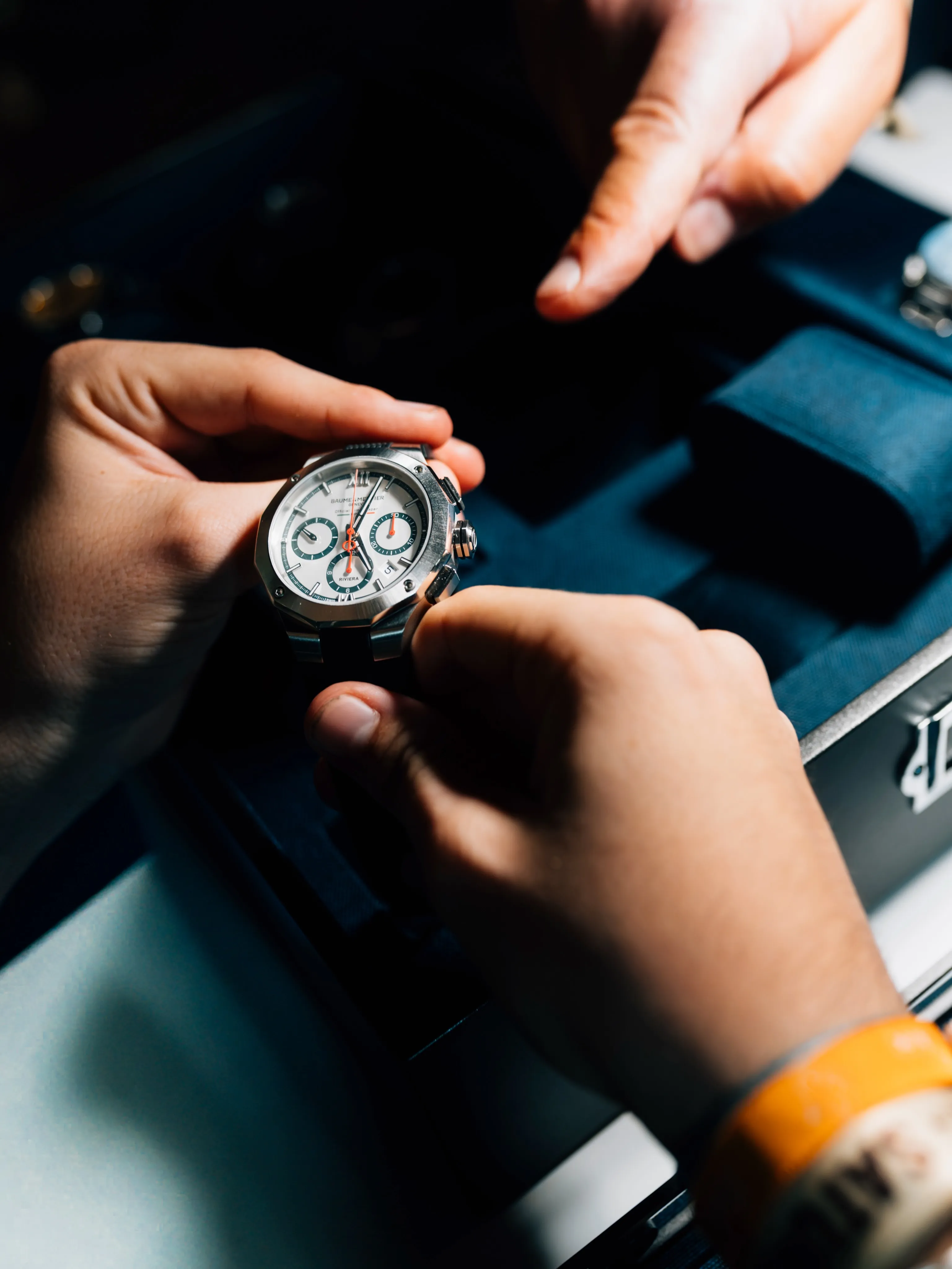 Baume et Mercier Riviera 10897 limited edition chronograph with opaline white dial and green snailed details