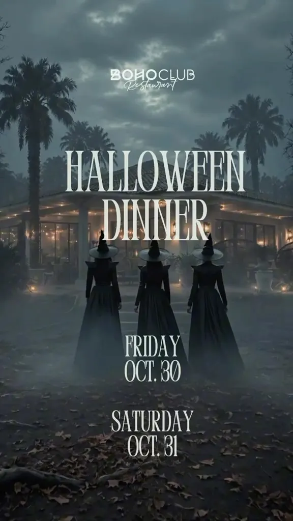Boho Club Marbella's sophisticated dining space illuminated by atmospheric Halloween décor, with elegantly dressed guests gathered around intimate tables