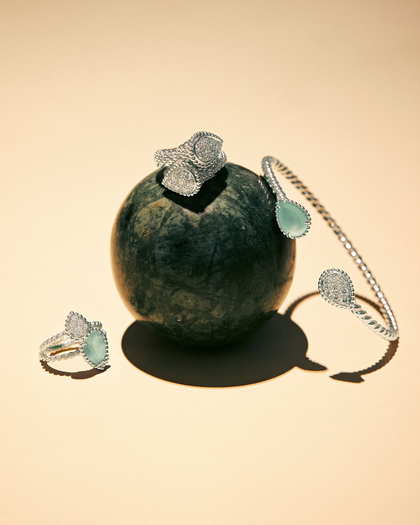 Boucheron Serpent Bohème white gold and diamond jewellery with aquaprase stone detailing, exemplifying the iconic collection's fluid, sinuous design aesthetic