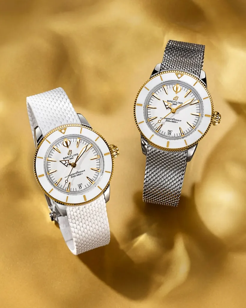 Breitling Superocean Heritage 36 yellow gold timepiece displayed on wrist showing refined proportions