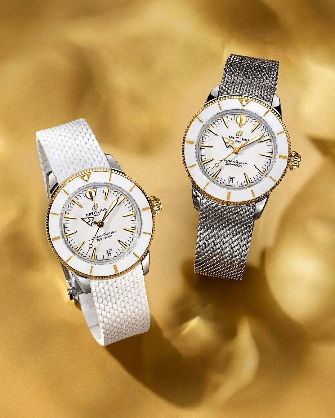 Breitling Superocean Heritage 36 yellow gold timepiece displayed on wrist showing refined proportions