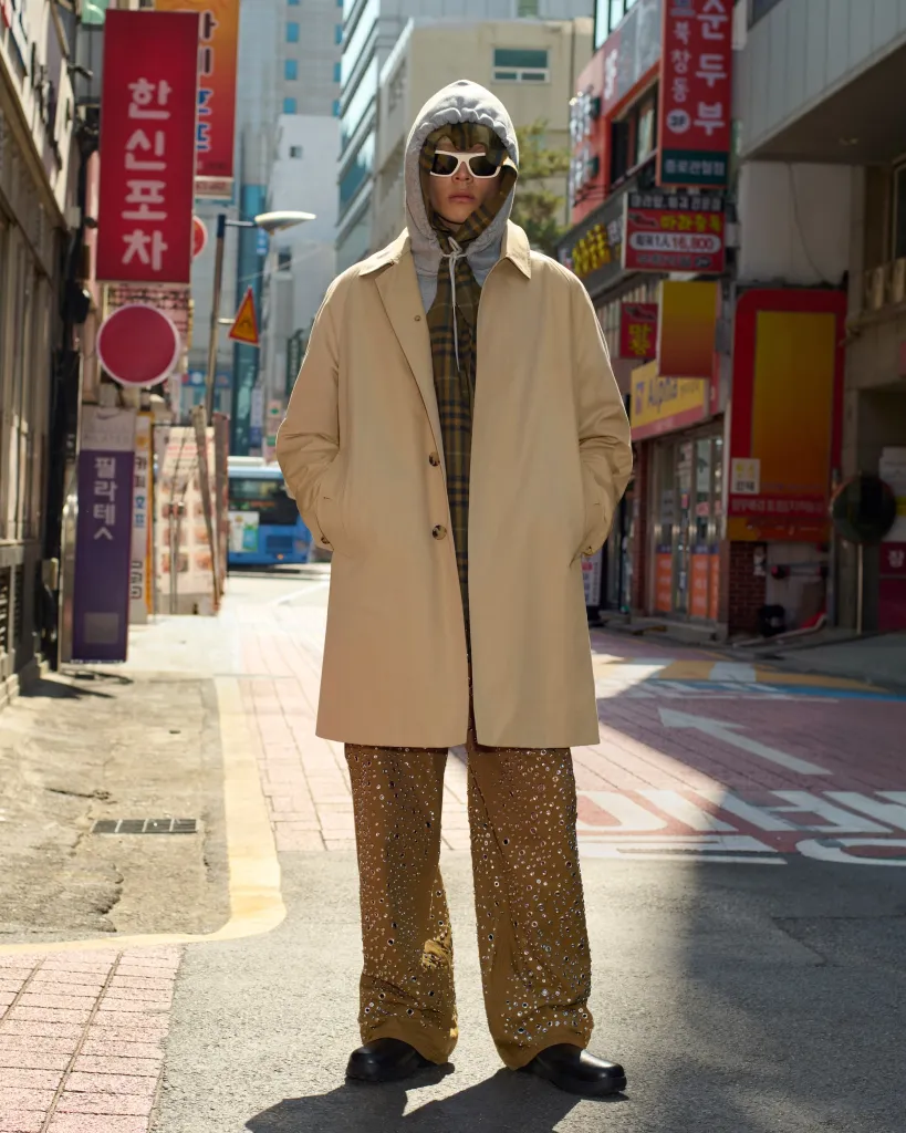 Haejun Park wearing Burberry's quilted outerwear in Seoul, exhibiting textural richness and contemporary design
