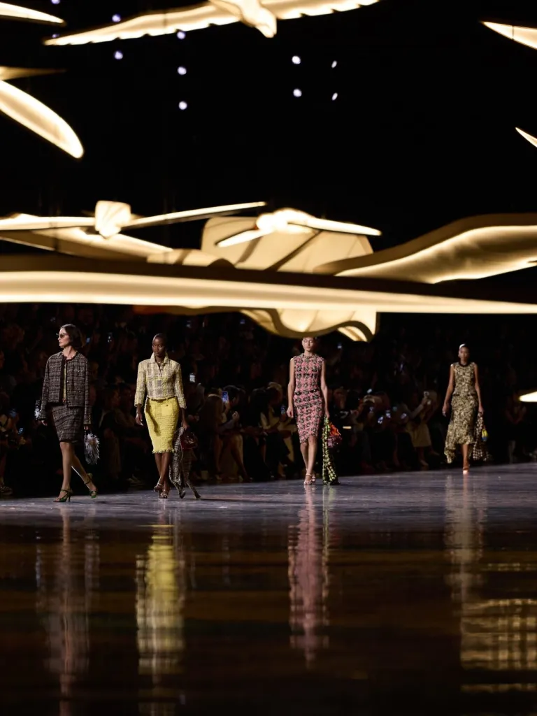 Full view of tailored suit in new smocked tweed from Matthieu Blazy's collection for CHANEL