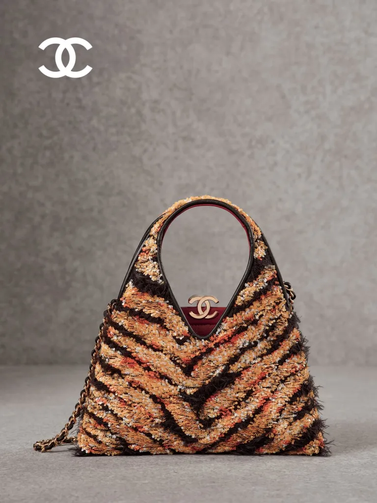 Detail shot of quilted leather handbag with signature interlocking CC hardware