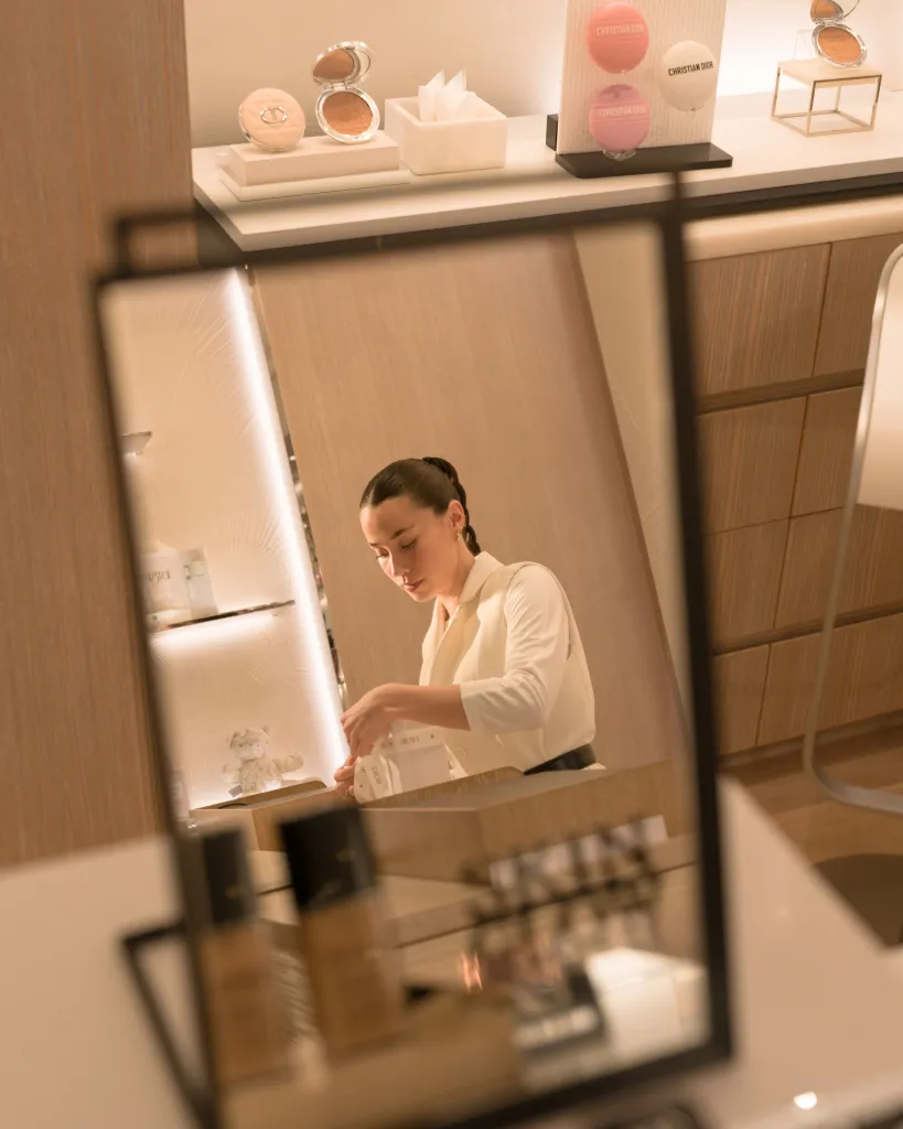 Detail of premium spa amenities and Dior formulations at Cheval Blanc Paris