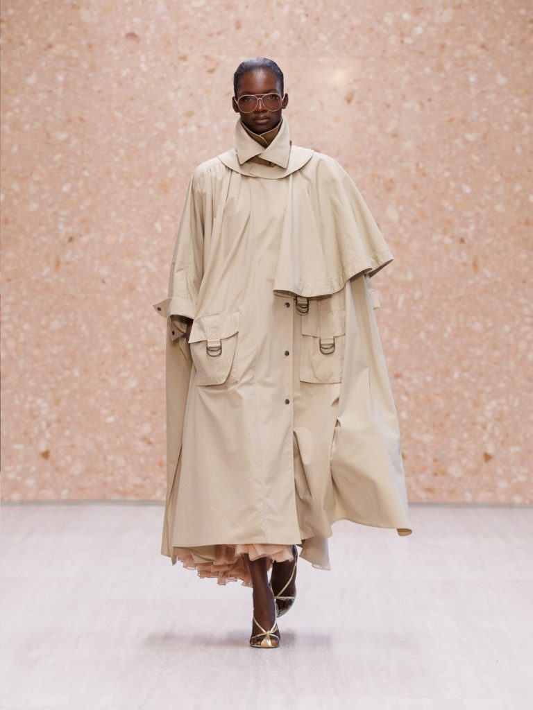 Model in oversized linen jacket with contemporary proportions