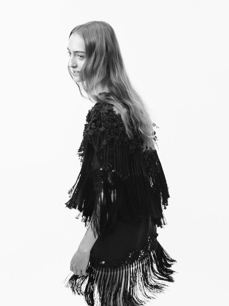 Portrait of model Frauke Nijs in Chloé Summer 27 designs, captured in luminous light by photographer Willy Vanderperre