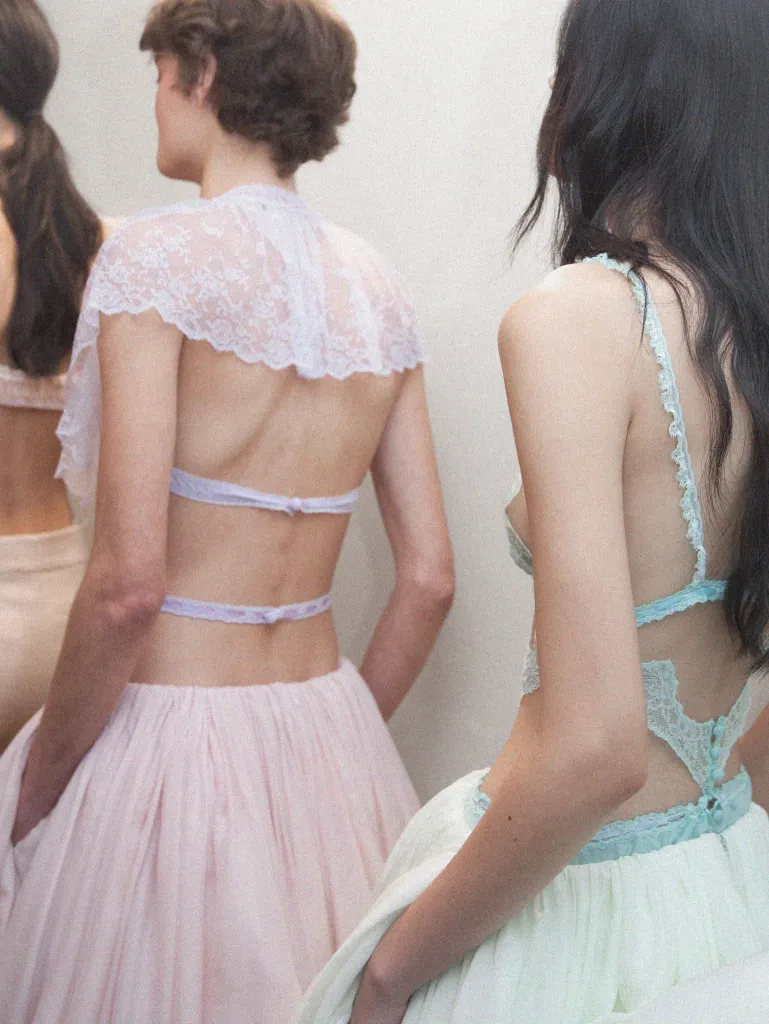 Backstage organisation of completed Chloé Summer 2027 pieces