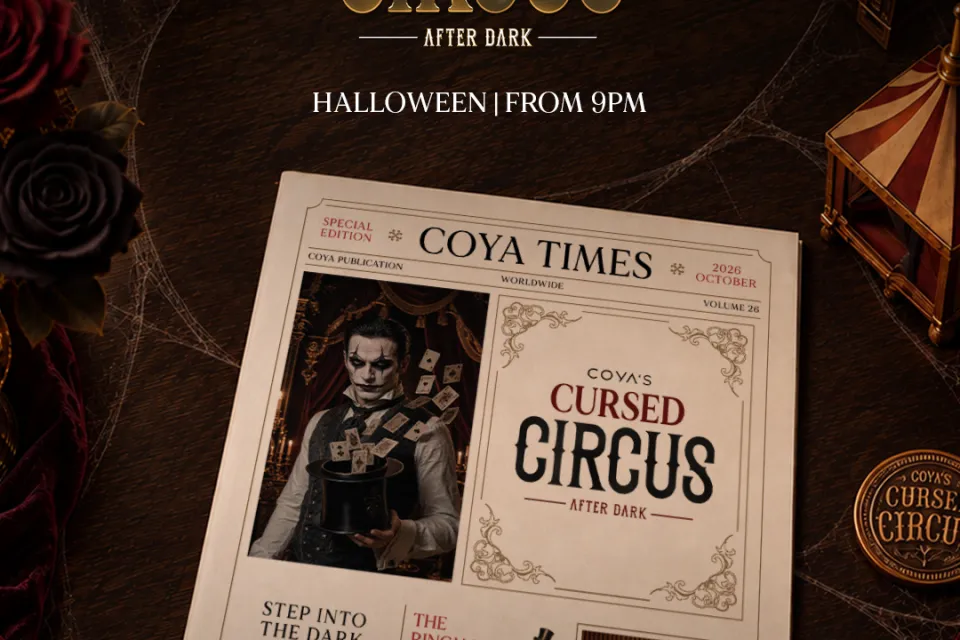 COYA Marbella's Cursed Circus Halloween event featuring dramatic theatrical lighting and atmospheric décor