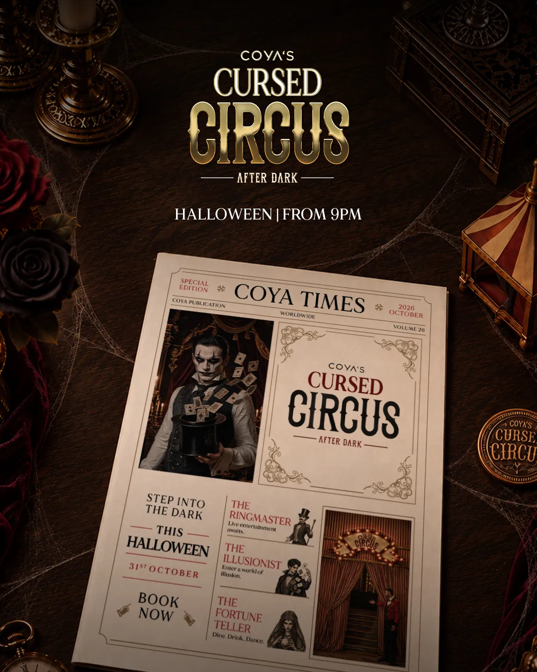COYA Marbella's Cursed Circus Halloween event featuring dramatic theatrical lighting and atmospheric décor