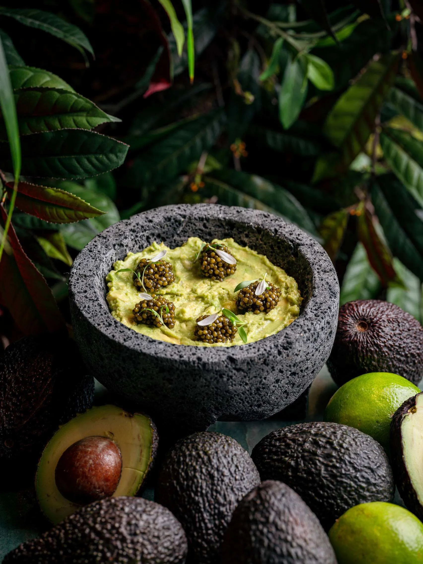 Close-up of creamy green guacamole topped with delicate caviar pearls at COYA Monte Carlo