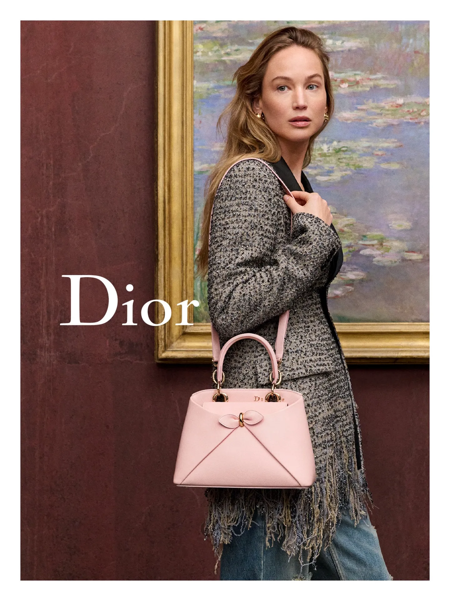 Jennifer Lawrence in the Dior Cruise 2027 campaign, photographed at LACMA wearing an elegant ensemble from the collection, styled amidst the museum's distinguished gallery spaces
