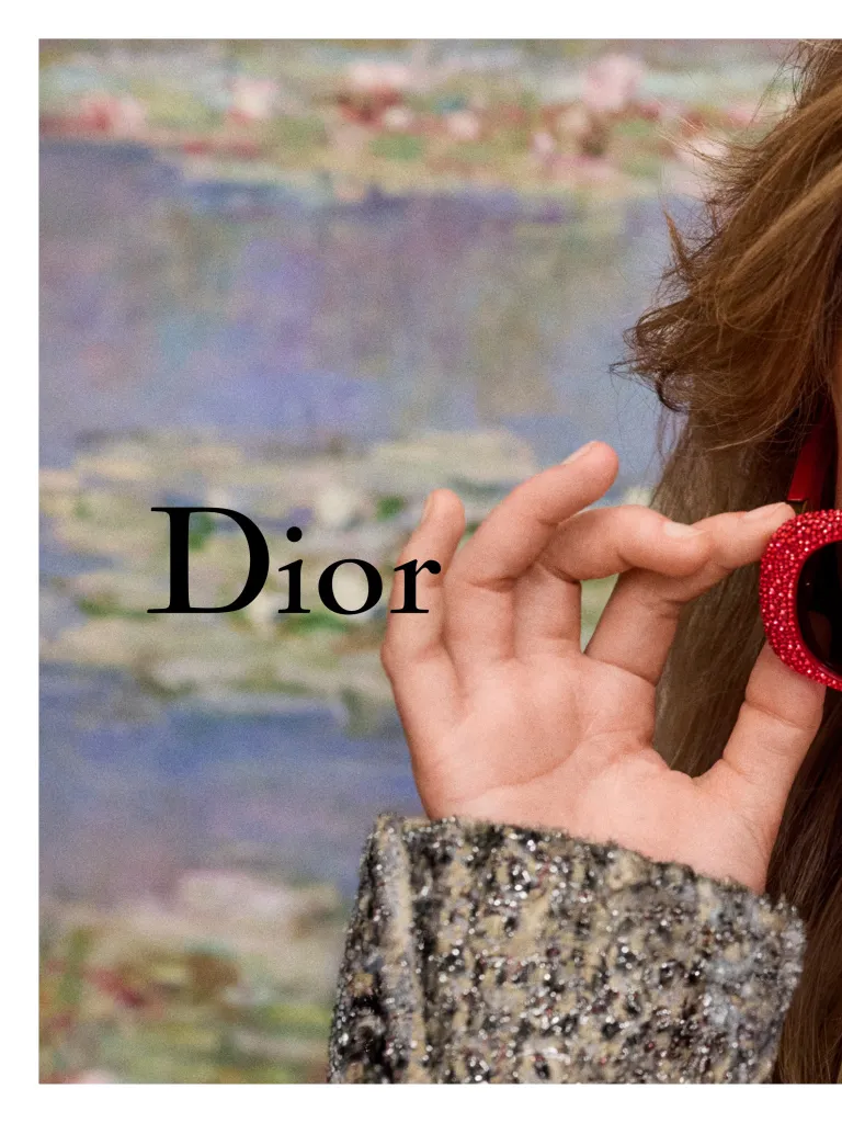Taylor Russell in Dior Cruise 2027 campaign within gallery space at LACMA