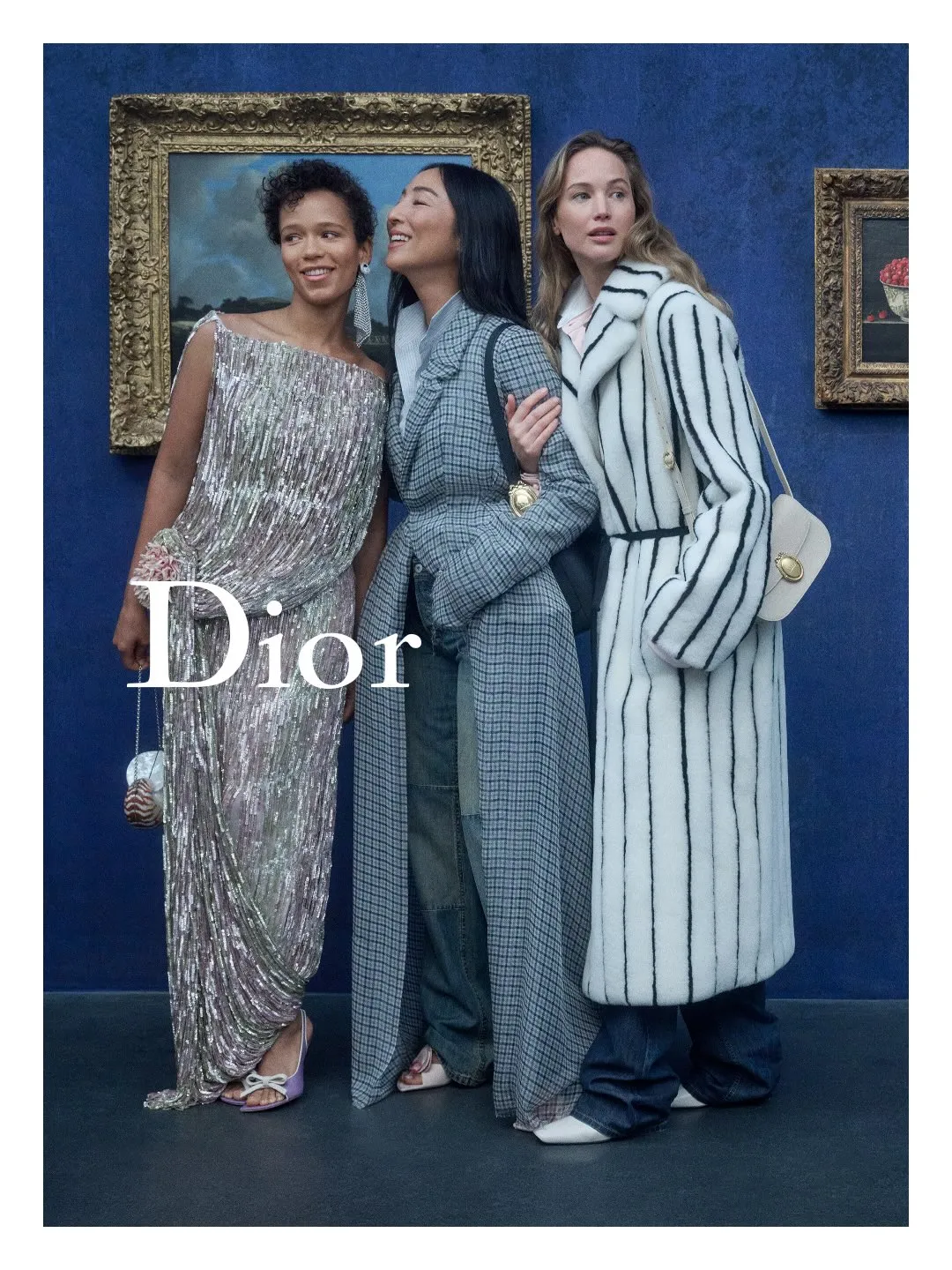 Jennifer Lawrence wearing Dior Cruise 2027 in the LACMA campaign, posed among museum galleries