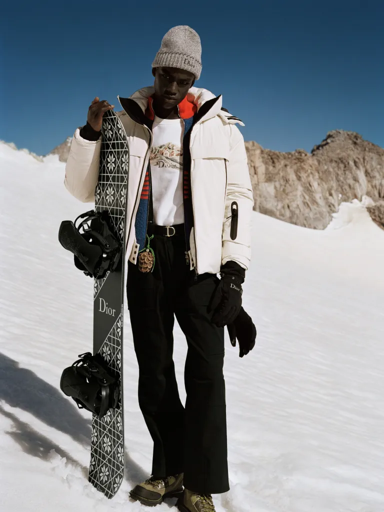 Dior Alps 2026 skiwear styled on model against alpine landscape with architectural purity