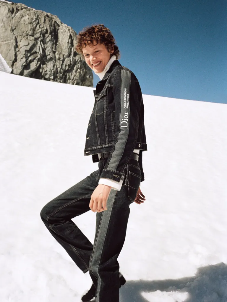 Après-ski scene showcasing Dior Alps collection in elegant mountain lodge setting