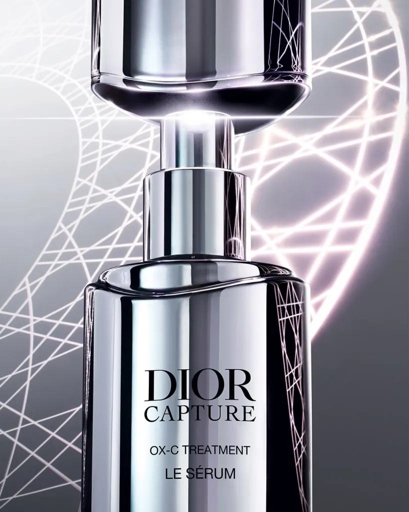 Close-up detail of the Dior Beauty skincare bottles highlighting the elegant packaging and luxurious formulations